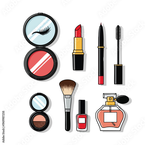 Collection of cosmetic items including blush, lipstick, eyeliner, mascara, brush, nail polish, and perfume