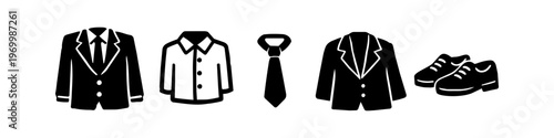 Set of minimalist black and white icons representing men's formal wear, including a suit, dress shirt, necktie, blazer, and leather shoes. Ideal for business and fashion graphic design.