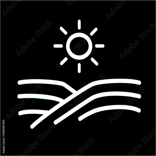 Sun and field icon. Agricultural landscape symbol. Sunrise and farm.
Vector graphic, not Artificial Intelligence, logo illustration. Replaceable vector design.