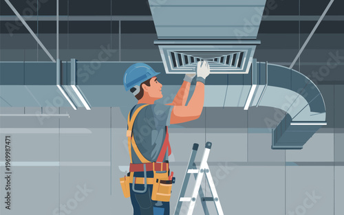 A worker in a hard hat repairs an air vent on a ceiling.