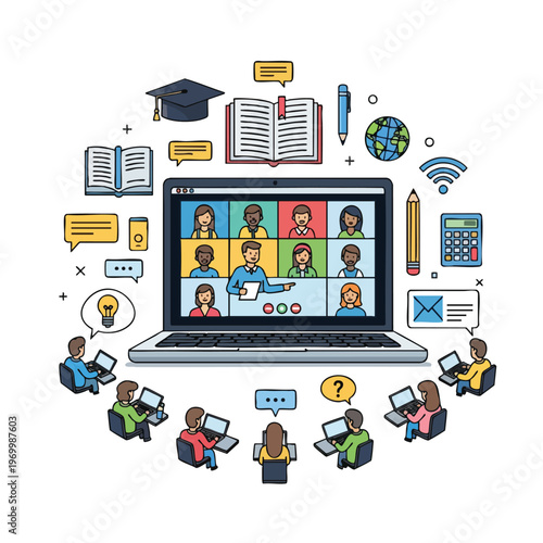 Diverse students participate in an online class via video conference, surrounded by study tools