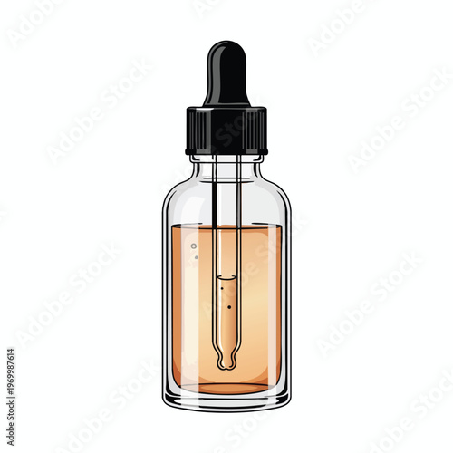 Clear glass dropper bottle filled with amber liquid and black cap