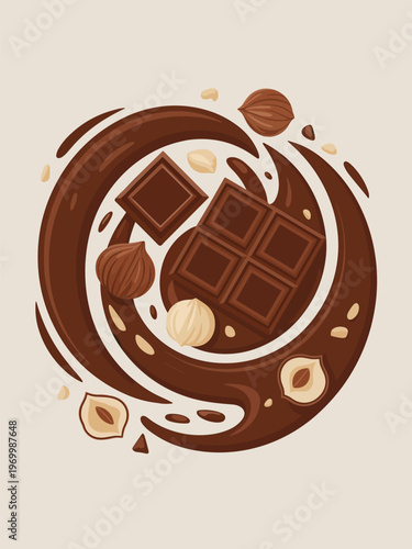 Chocolate dessert with nuts and hazelnuts swirling in a circular motion on a plate