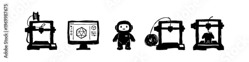 Hand-drawn doodle set illustrating the 3D printing process, including 3D printers, computer-aided design software, filament, and a finished robot character on a clean white background.