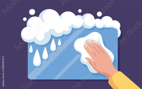 A hand cleaning a window with soap and water on a rainy day outside