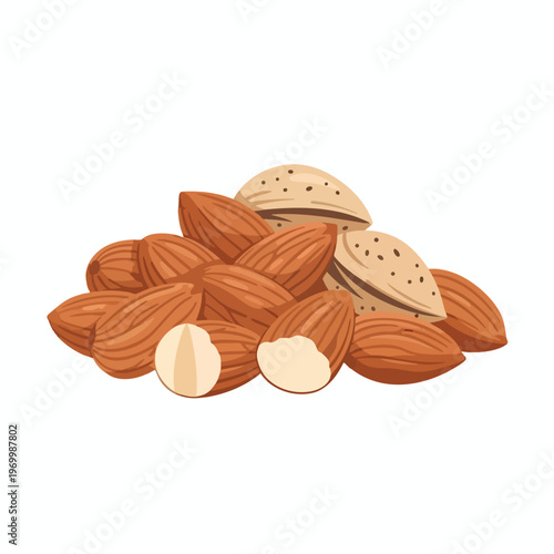 A pile of shelled and unshelled almonds on a white background