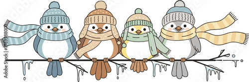 Winter Birds with Scarves and Hats Sitting on a Branch in Snowy Weather for Christmas, Holiday, and Seasonal Illustration Designs