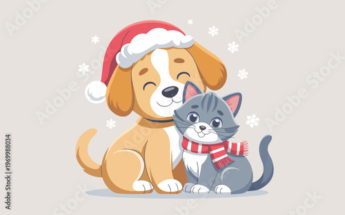 A cute dog and cat wearing festive hats and scarves together.