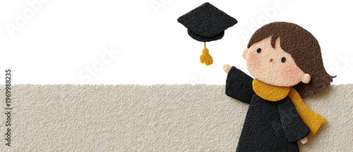 Cute Graduate Girl Throwing Graduation Cap High In The Air Celebrating Achievement In Black Robe And Yellow Scarf With Textured Background