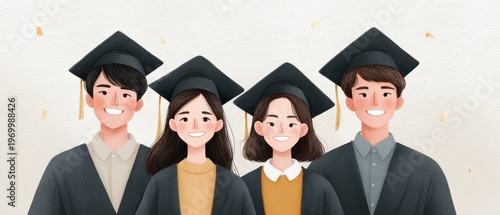 Four Happy Graduates Wear Black Graduation Caps and Gowns in a Textured Background with Falling Confetti