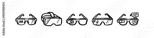 Hand-drawn icons of augmented reality (AR) and virtual reality (VR) headsets and smart glasses. Minimalist black ink doodle of wearable technology gadgets isolated on a white background.