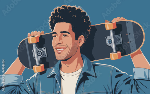 Young man smiling while holding a skateboard on his shoulder outdoors