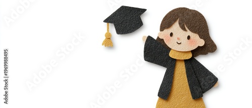 Graduate in a Black Tassel Graduation Cap and Gown with Gold Underlay on White Background