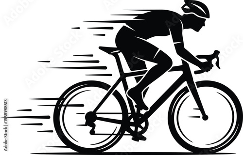 Black silhouette of a cyclist riding a bicycle quickly on a gray background