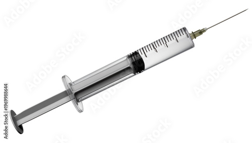 Fotografi Silver medical syringe displaying volume markings, with a sharp needle