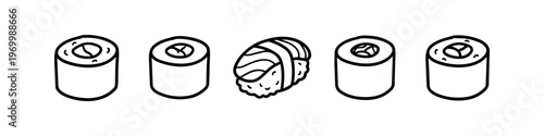 Set of minimalist hand-drawn sushi icons including maki rolls and salmon nigiri. Black and white line art doodles of Japanese cuisine isolated on a white background.