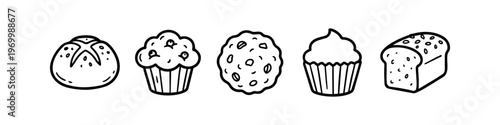 Set of hand-drawn bakery line art illustrations featuring a bread roll, blueberry muffin, cookie, cupcake, and seeded loaf of bread. Perfect for cafe menus and food designs.