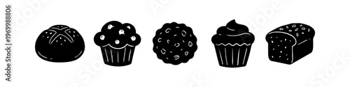 Set of black silhouette bakery icons featuring bread, muffin, cookie, cupcake, and a bun. Minimalist hand-drawn vector illustration perfect for cafe menus, logos, and bakery shop branding.