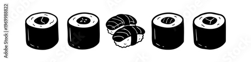 Minimalist hand-drawn sushi collection with maki rolls and nigiri. Black and white vector illustration for Japanese restaurant menus, icons, and food graphic design.