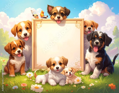 Puppies gather around a ornate blank sign on green grass with flowers and blue sky