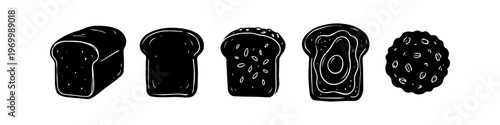 Minimalist black hand-drawn icons of bread varieties including a loaf, sliced bread, seeded bread, avocado toast, and a round bun or cookie. Vector set for bakery branding and menus.