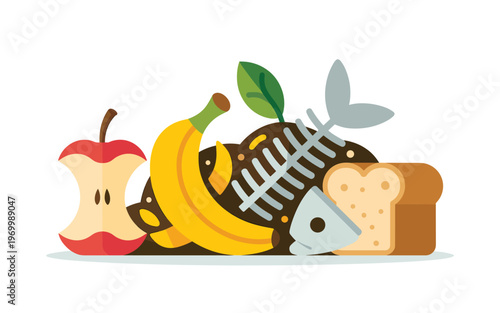 A colorful still life illustration of fresh fruit and food on a table