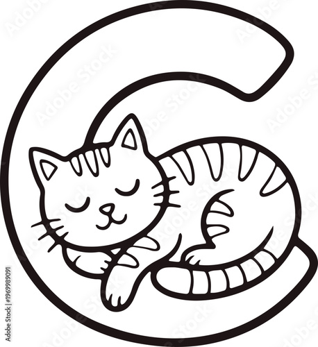 Cute Sleeping Cat in Letter C Alphabet Illustration