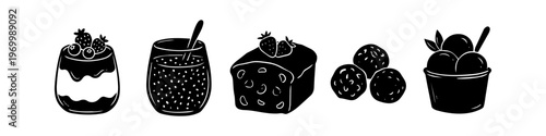 A set of black and white hand-drawn vector icons featuring healthy desserts like yogurt parfait, chia pudding, berry loaf cake, energy balls, and fruit sorbet.