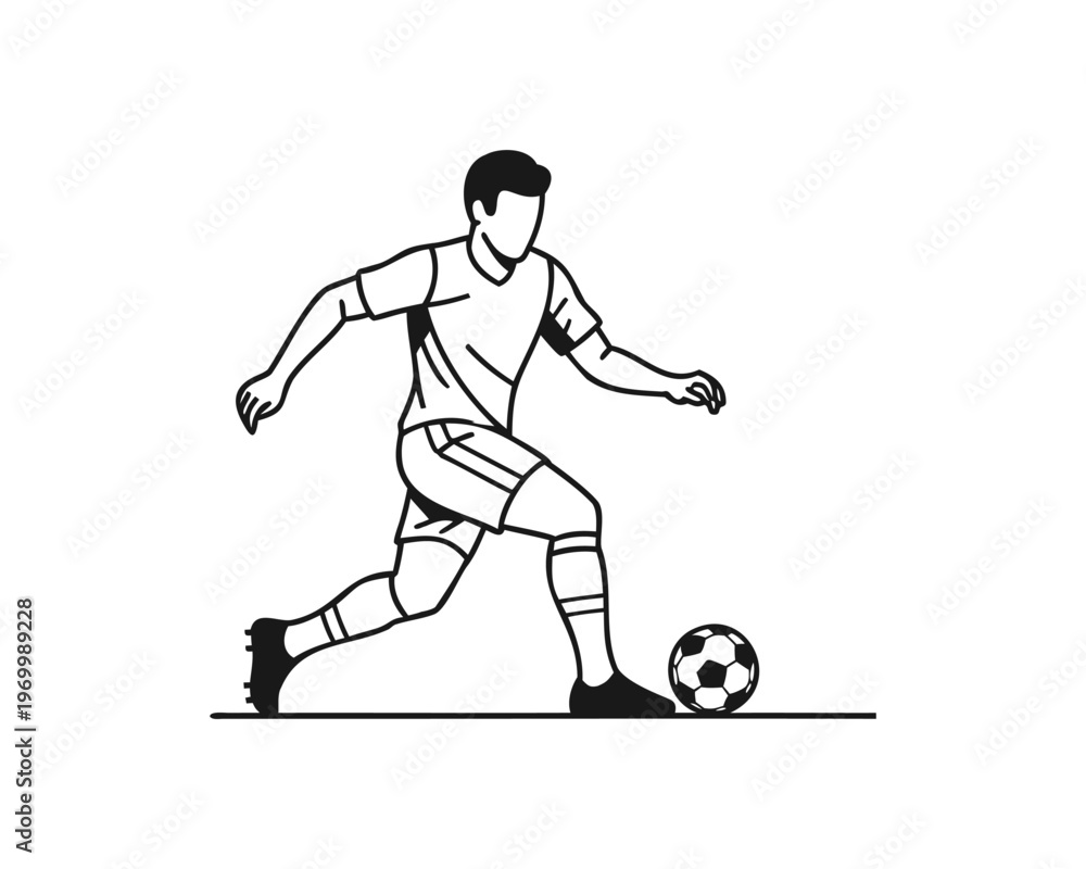 Obraz premium Soccer Player Dribbling Ball Line Art Illustration, Male Football Athlete Action Outline Vector Sketch 