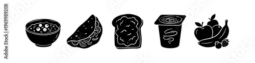 Set of minimalist black breakfast food icons including oatmeal, wrap, toast, yogurt, and assorted fruits on white background. Ideal for health, nutrition, and lifestyle designs.