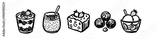 Hand-drawn line art collection of healthy snacks and desserts including chia pudding, berry parfait, fruit bowl, and energy balls on a white background.