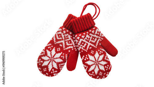 Obraz na płótnie Red knitted mittens displaying snowflake patterns, connected by a looped string
