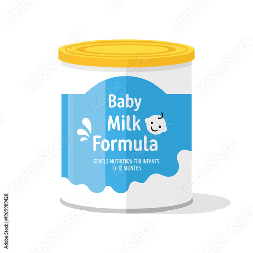 Flat illustration of baby milk formula can with yellow lid, blue label, and cartoon baby face