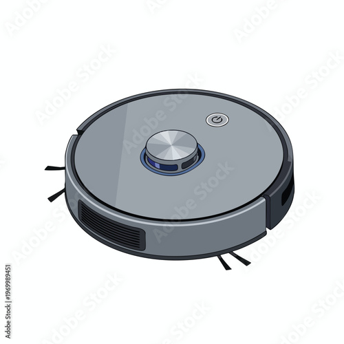 Gray round automated floor cleaning robot with power button and spinning brushes