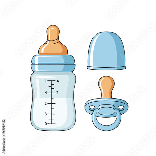 A baby bottle, its cap, and a pacifier arranged on a white background