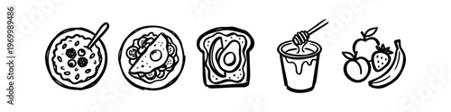 Hand-drawn minimalist icons of healthy breakfast options including oatmeal, omelet, avocado toast, yogurt with honey, and fresh fruits. Simple black line art vector illustration.