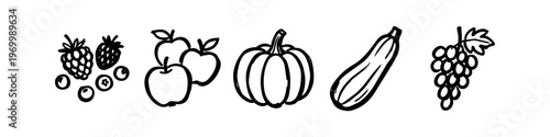 Minimalist hand-drawn doodle icons of fresh fruits and vegetables, including berries, apples, pumpkin, zucchini, and grapes. Black and white vector sketches for healthy food designs.