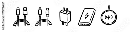 A set of hand-drawn doodle icons representing mobile phone charging accessories, including USB cables, a wall adapter, a portable power bank, and a wireless charging pad. Minimalist line art.