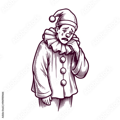 Sad clown character sitting alone: hand drawn pencil sketch, vector illustration, isolated.
