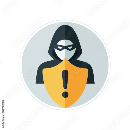Icon of a hooded figure in a mask, holding a shield with an exclamation mark