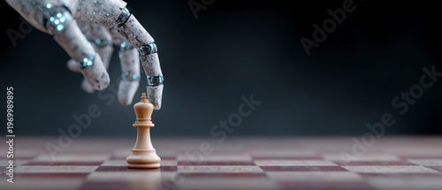 Robotic Hand Reaching For White Chess King Piece On Wooden Board Strategic Game Concept