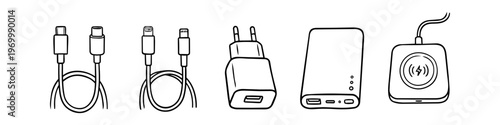 Hand-drawn doodle set of mobile charging accessories including USB-C and lightning cables, wall charger adapter, power bank, and wireless charging pad. Vector illustration isolated on white.
