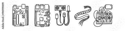 Hand-drawn line art illustrations of electronics components including Arduino, Raspberry Pi, ultrasonic sensor, LED strip, and breadboard circuit. Minimalist tech and DIY hobbyist concept.