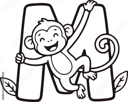 Happy Monkey Character with Alphabet Letter M for Kids Learning