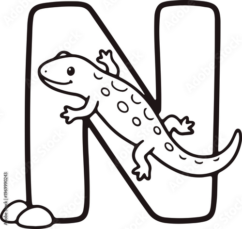 Cute Newt Character on Letter N for Kids Coloring Page