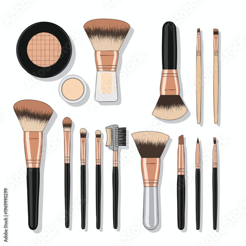 Assorted makeup brushes and compact powder displayed on a white background