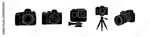 Set of hand-drawn camera icons including DSLR, mirrorless, action cam, and camera on tripod. Black silhouette doodles of photography equipment isolated on white background.