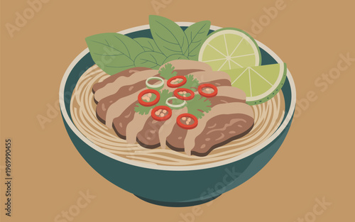 A delicious bowl of spicy beef noodles with fresh herbs and chili peppers on a table indoors.