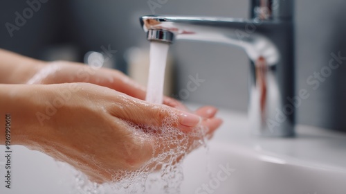 Washing Hands Under Running Water In A Modern White Bathroom Sink
