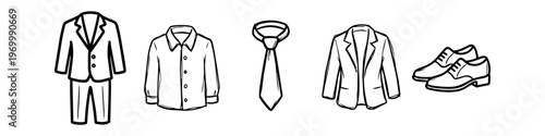 A set of hand-drawn vector icons representing men's formal wear, featuring a suit, dress shirt, necktie, blazer, and leather shoes. Elegant black line art for fashion and business designs.